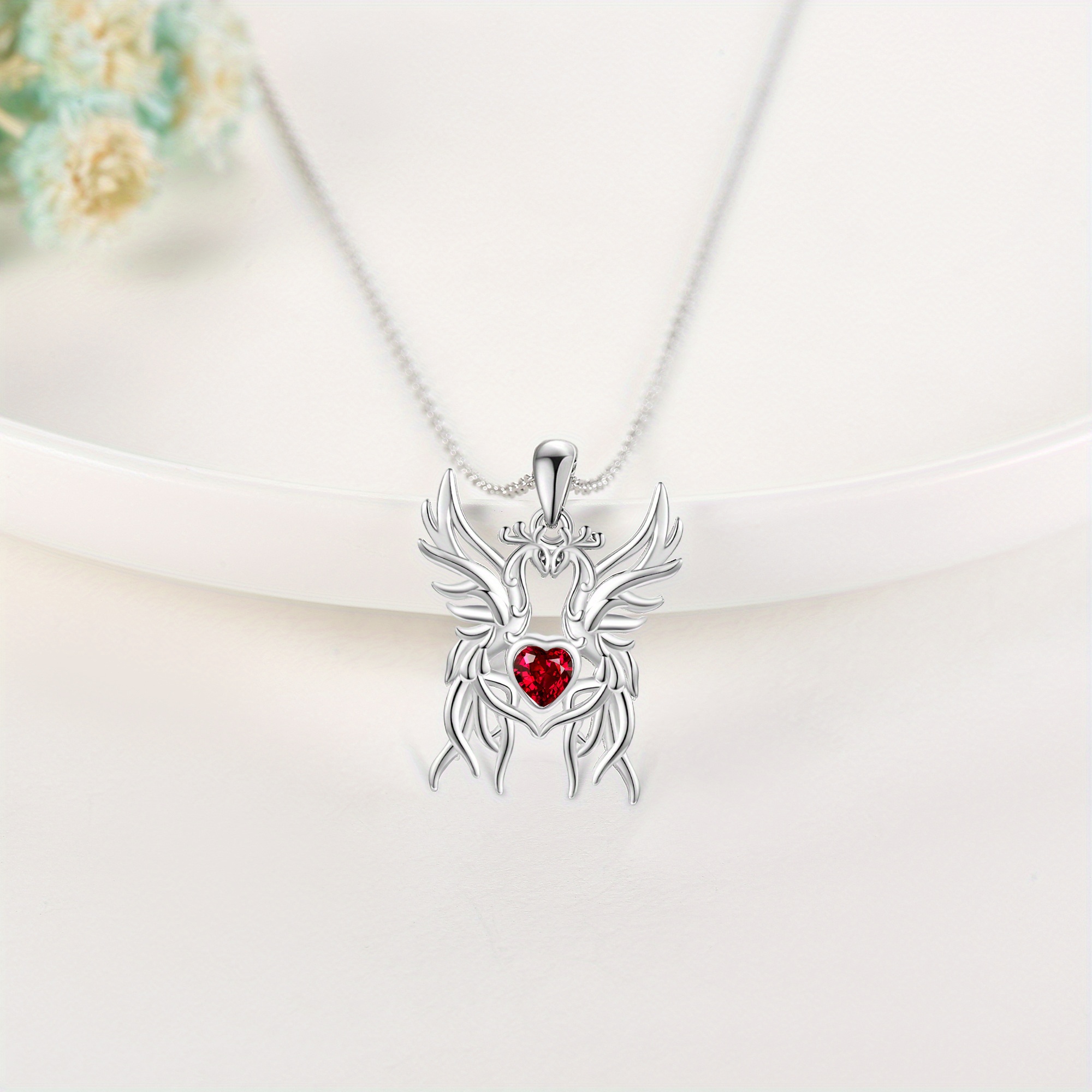 Phoenix Necklace 925 Sterling Silver Heart Phoenix Pendant Necklace